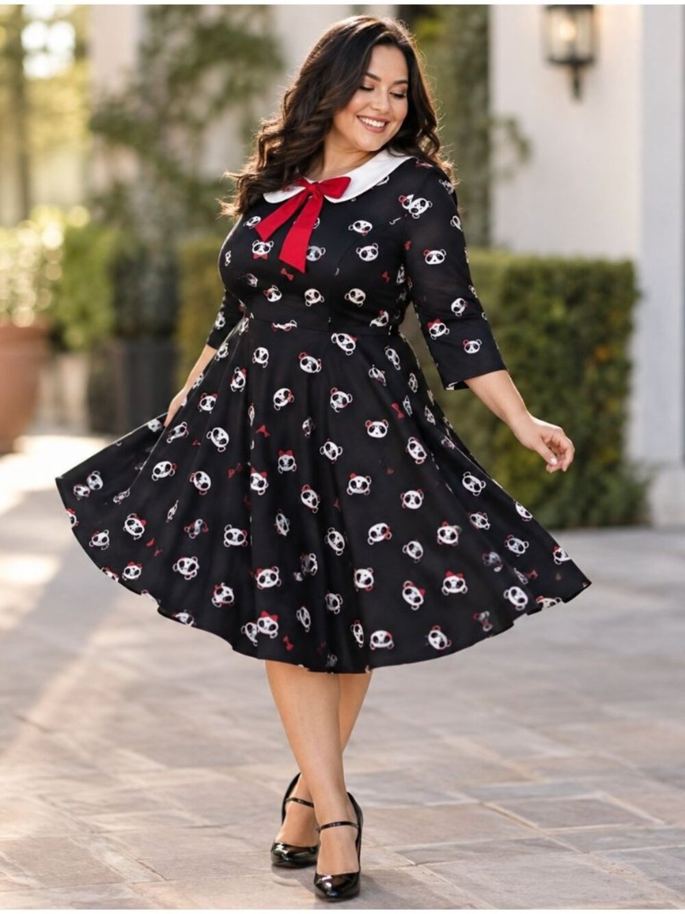 Unique Vintage Panda Midi Dress Fit & Flare Peter Pan Collar Animal Print A-Line
